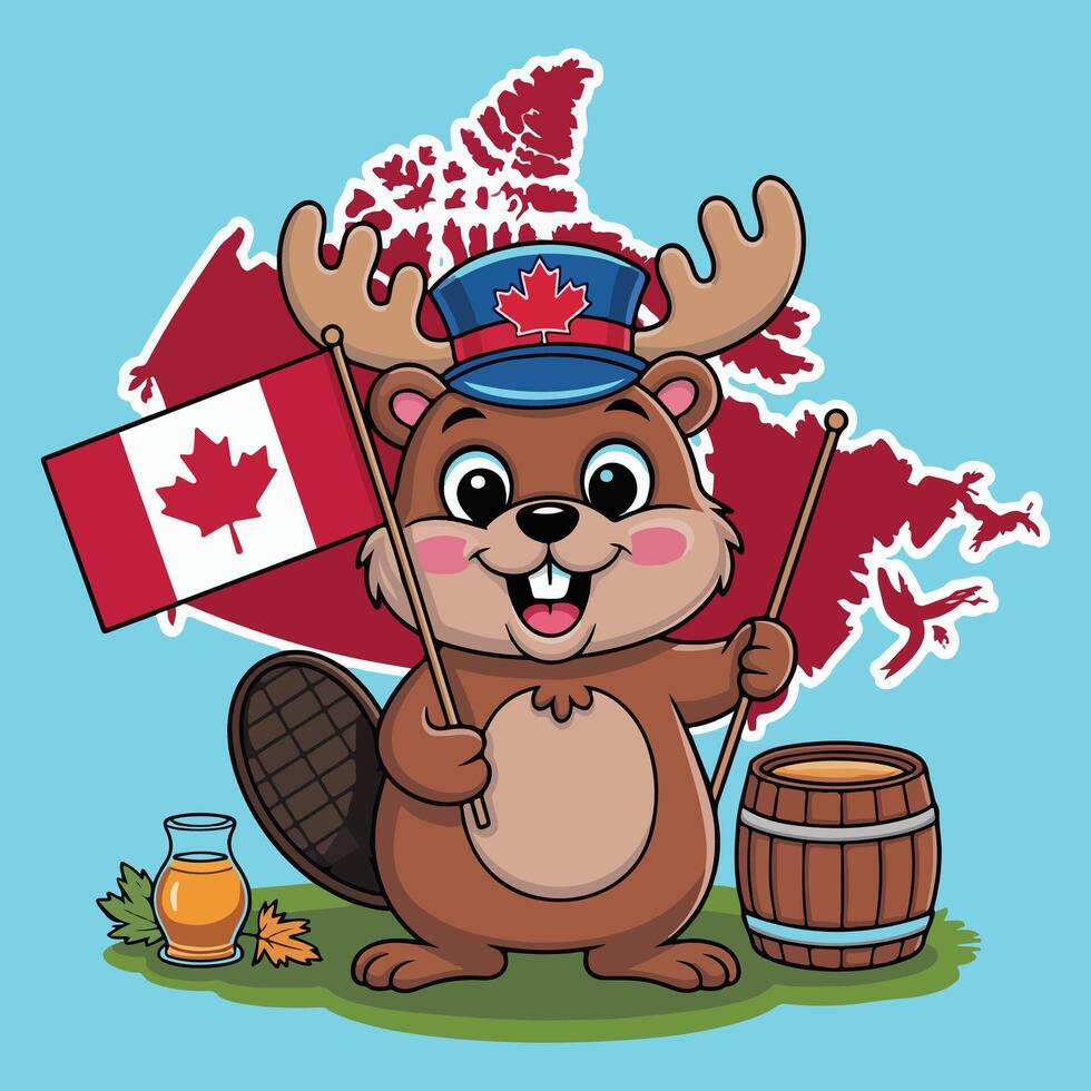 Cute Canadian Beaver Cartoon with Maple Leaf for Canada Day vector