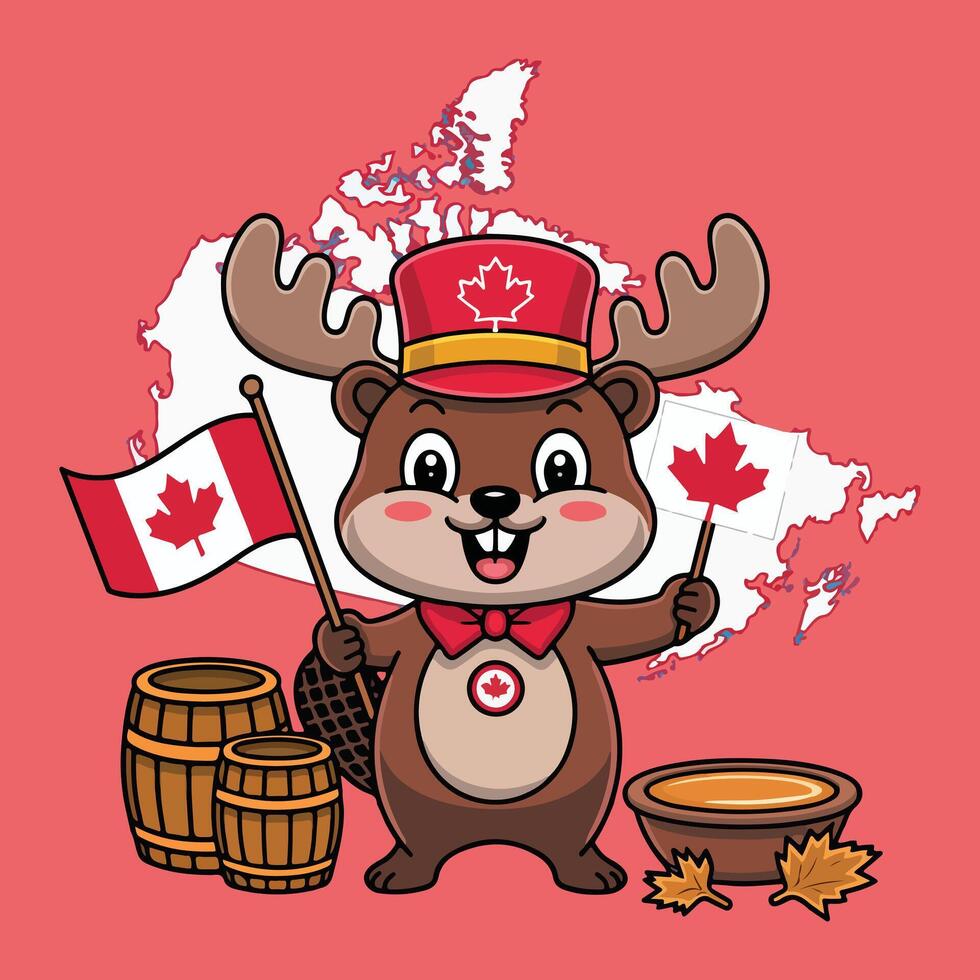 Smiling Beaver Cartoon with Canada Maple Leaf Design vector
