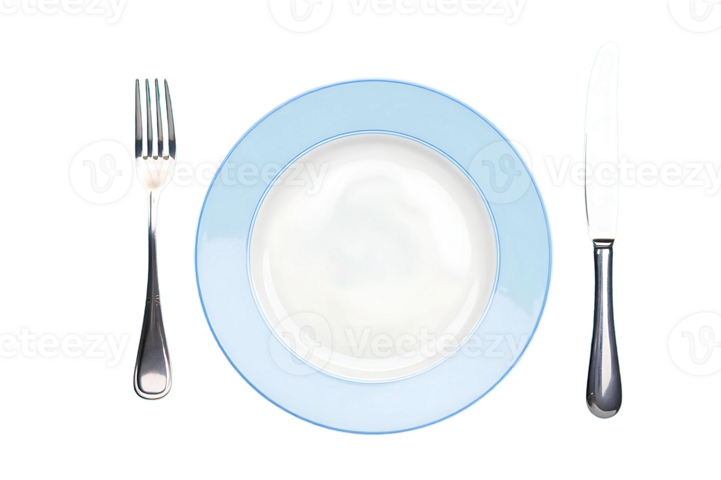A simple place setting shows a light blue rimmed plate with a silver fork and knife. png