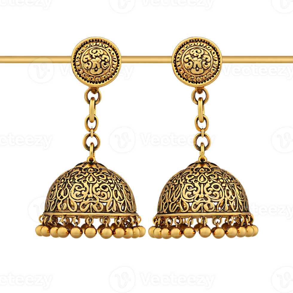 Elegant Gold Jhumka Earrings with Intricate Detailing png