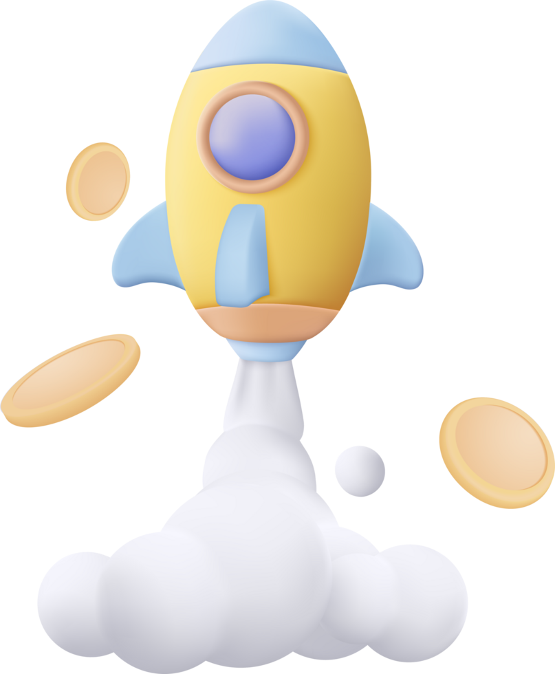 3d flying space rocket with spewing smoke. space for business startup concept png