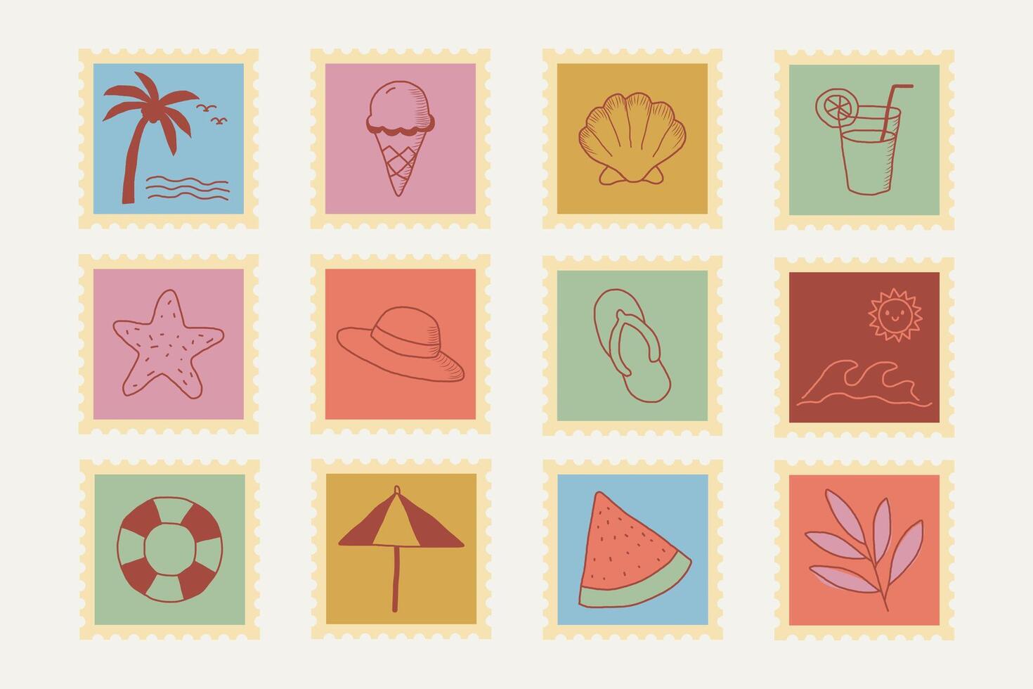 Set of letter stamp sticker summer elements. vector