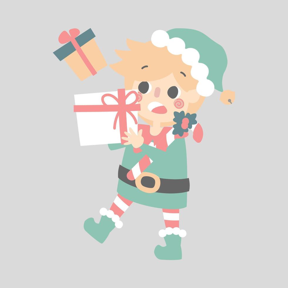 merry christmas and happy new year with cute little elf dwarf holding present gift vector