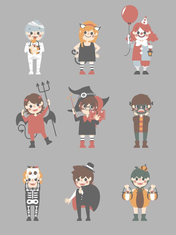 happy halloween holiday festival with character set of boys and girls wearing pumpkin, devil, skeleton, dracula, witch, frankenstein, cat, mummy, and bozo costume vector