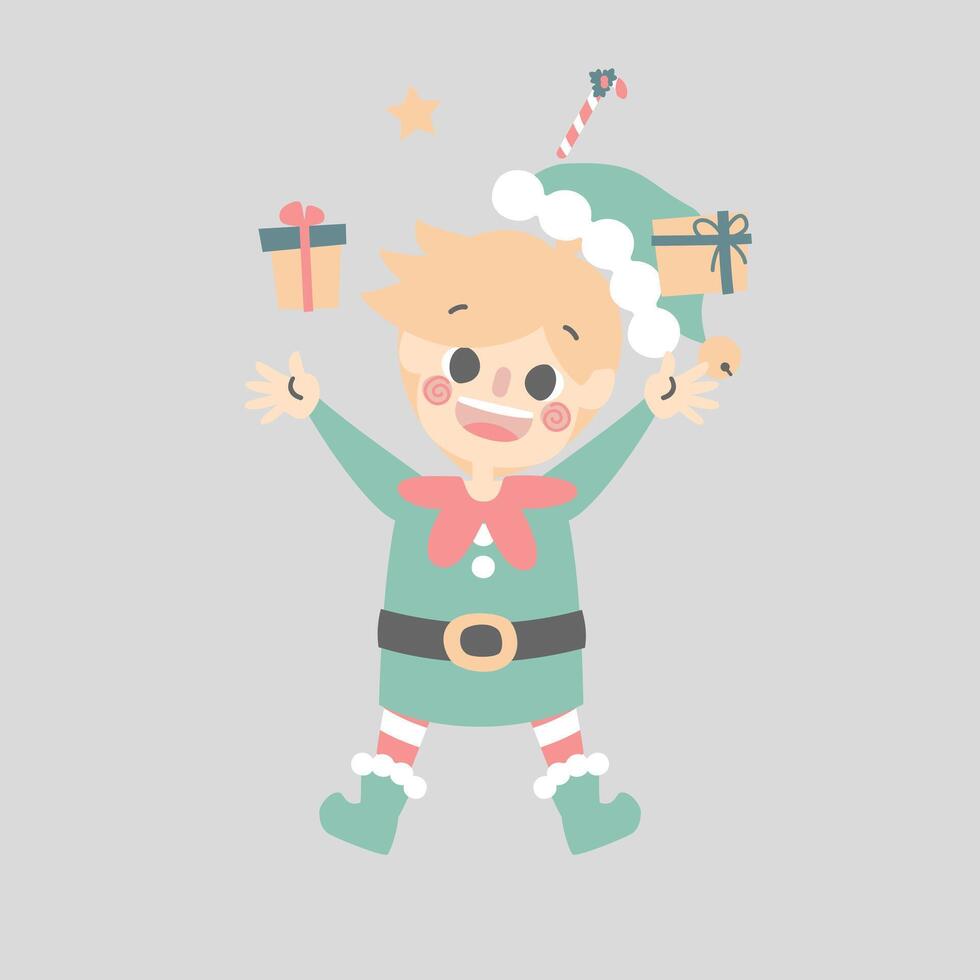 merry christmas and happy new year with cute jump little elf dwarf and present gift vector