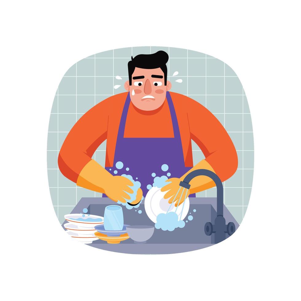 Washing plats in kitchen illustration. EPS 10 File vector