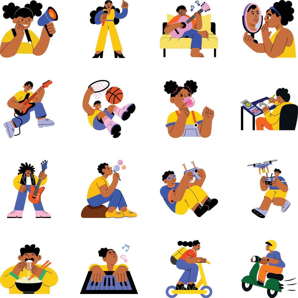Pack of 16 Teenager Characters Flat Style Illustrations vector