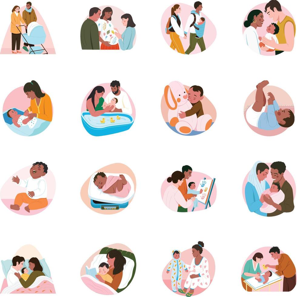Set of 16 Newborn Moments Flat Style Illustrations vector