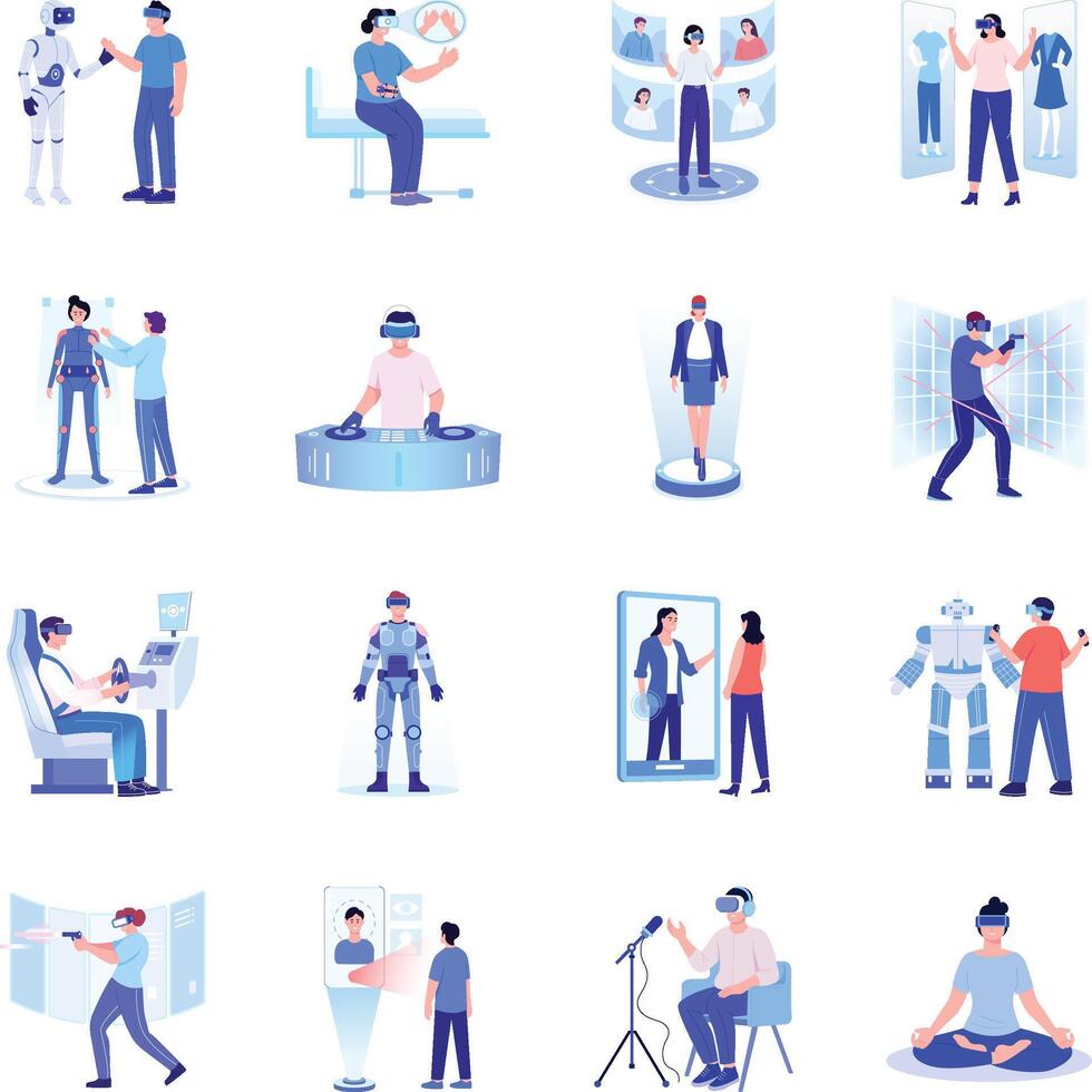 Pack of 16 Virtual Reality Flat Style Illustrations vector