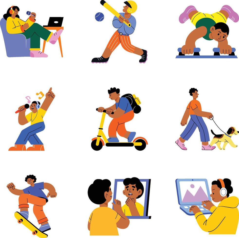 Pack of Teenager Hobbies Flat Illustrations vector