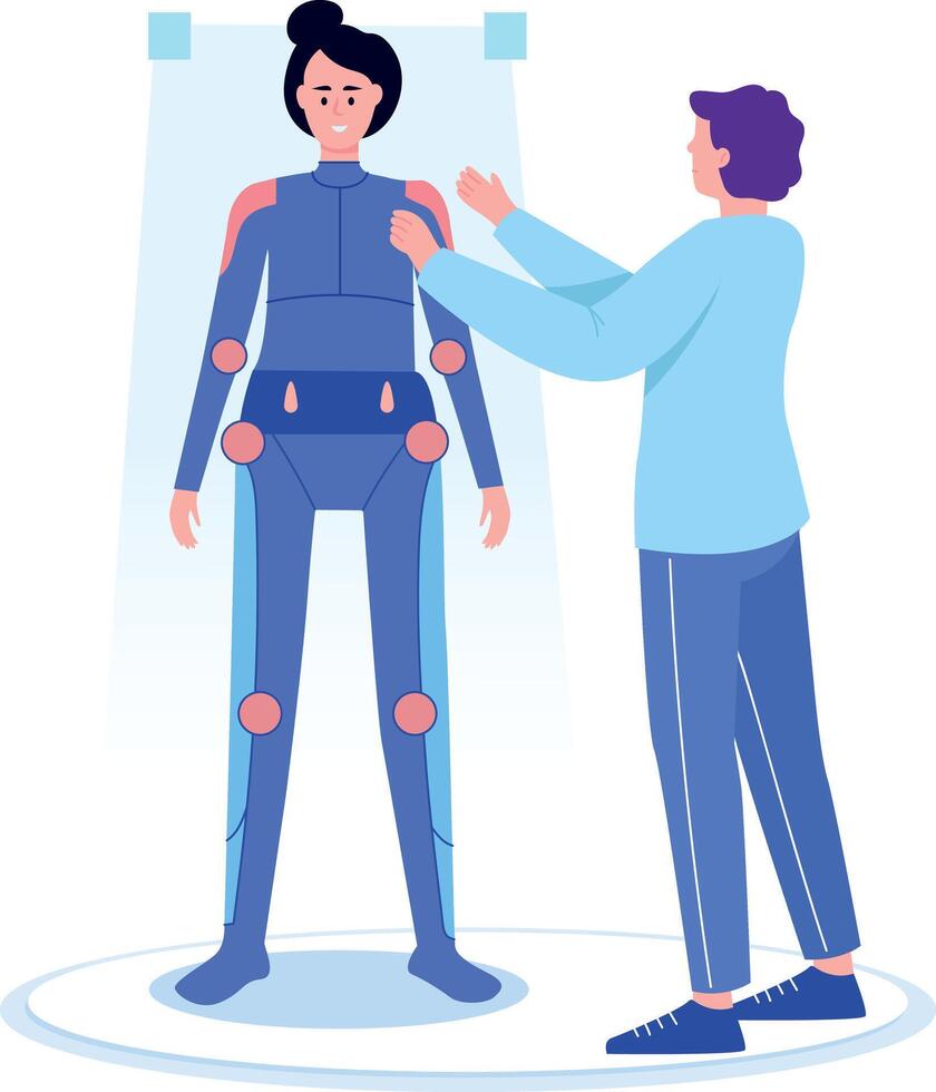A flat style illustration showing a person looking at vr suit vector