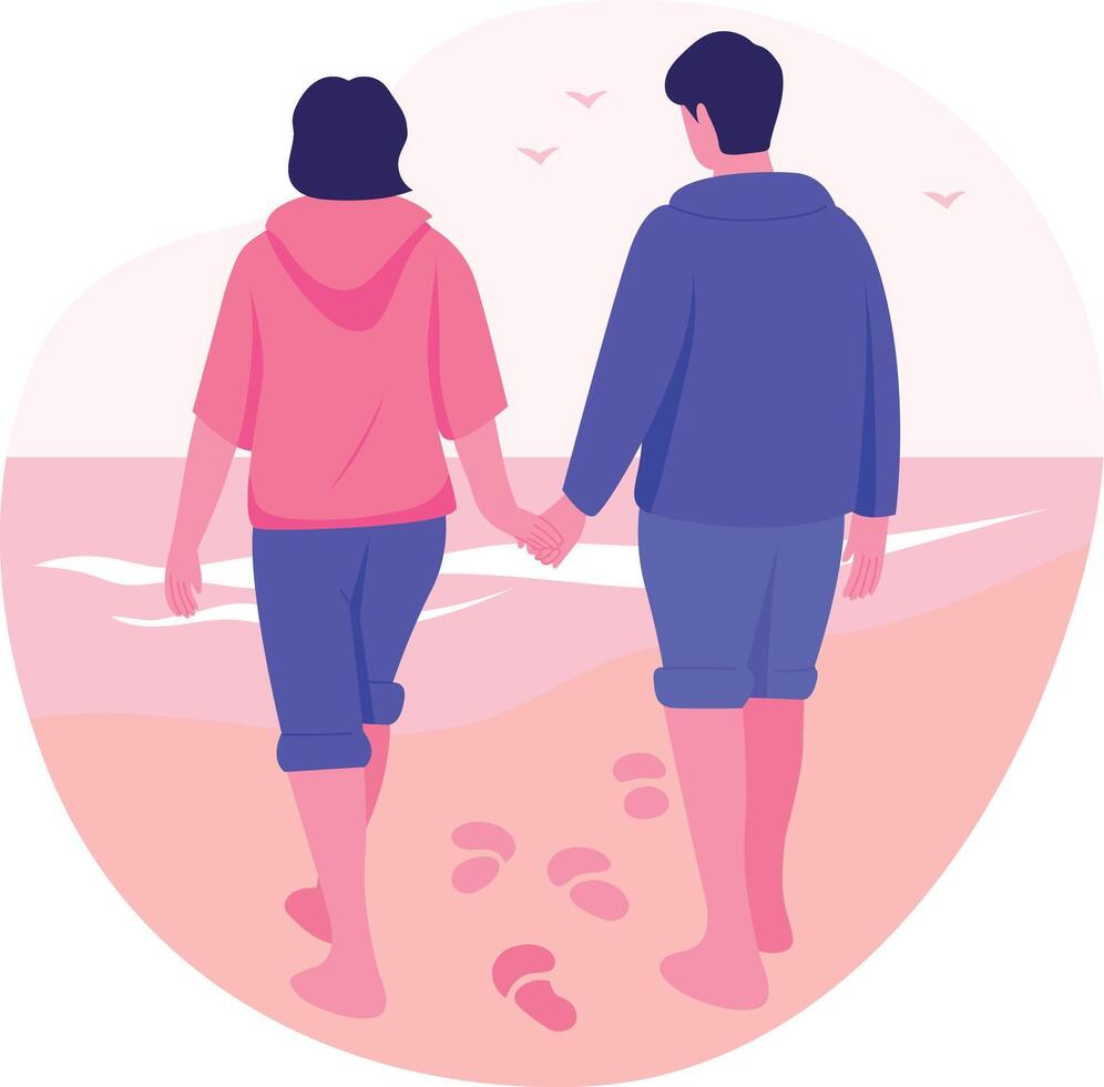 A couple doing beach walk and holding hands, flat style illustration vector