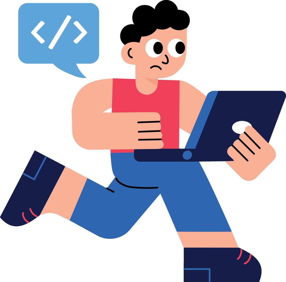 A flat style illustration of a coder holding a laptop vector
