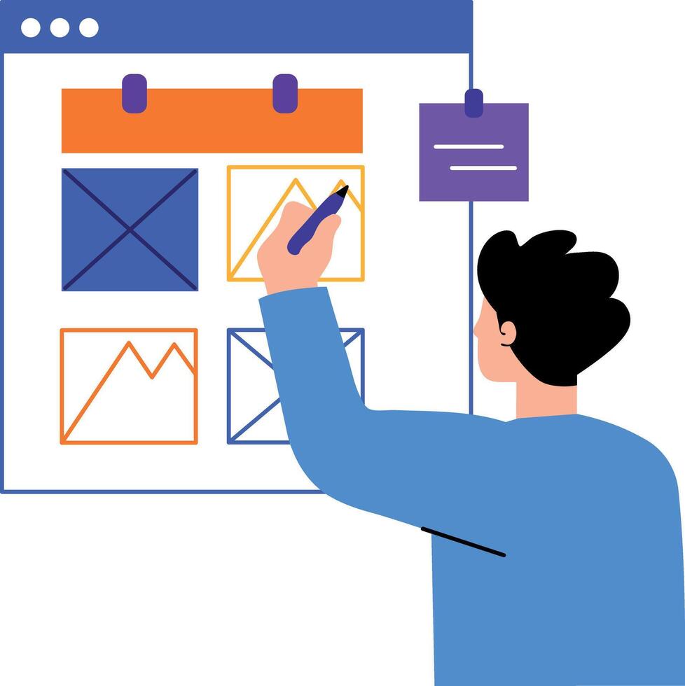 A flat style illustration showing a wireframing character vector