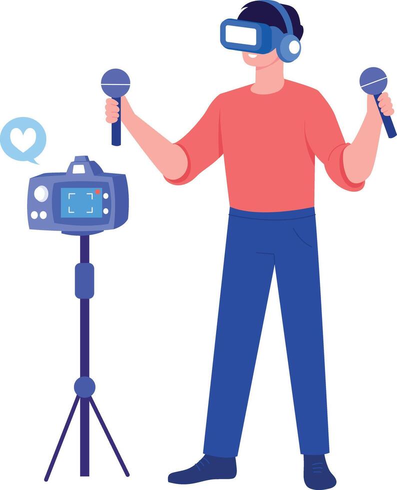 A flat style illustration showing a person doing vr streaming vector