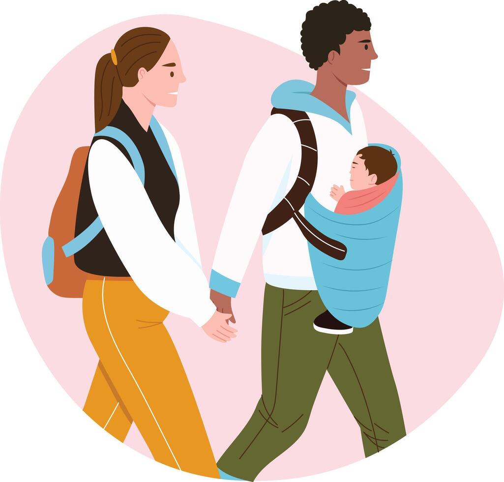 A flat style illustration showing parents walk while holding child vector