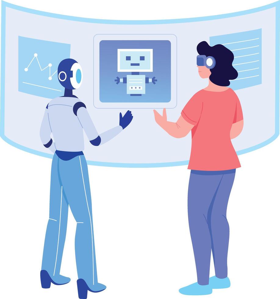 A flat style illustration showing a person talking with robot assistant vector