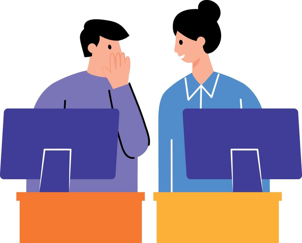 Two employees whispering in office, flat style illustration vector