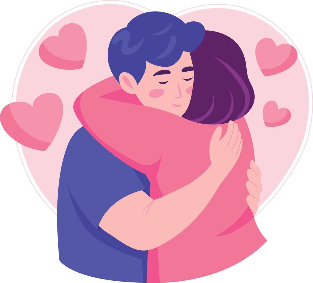 Flat illustration showing a romantic couple giving warm hug to each other vector