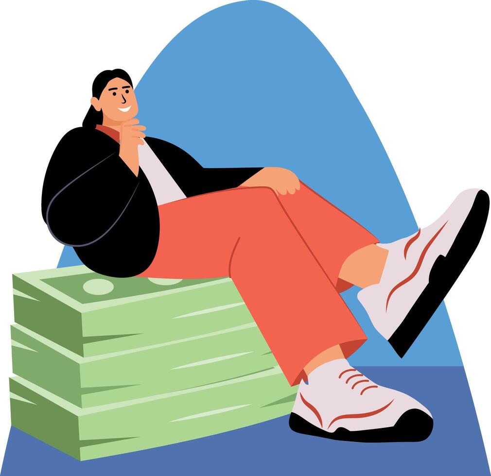A flat style illustration of financier character sitting on money vector