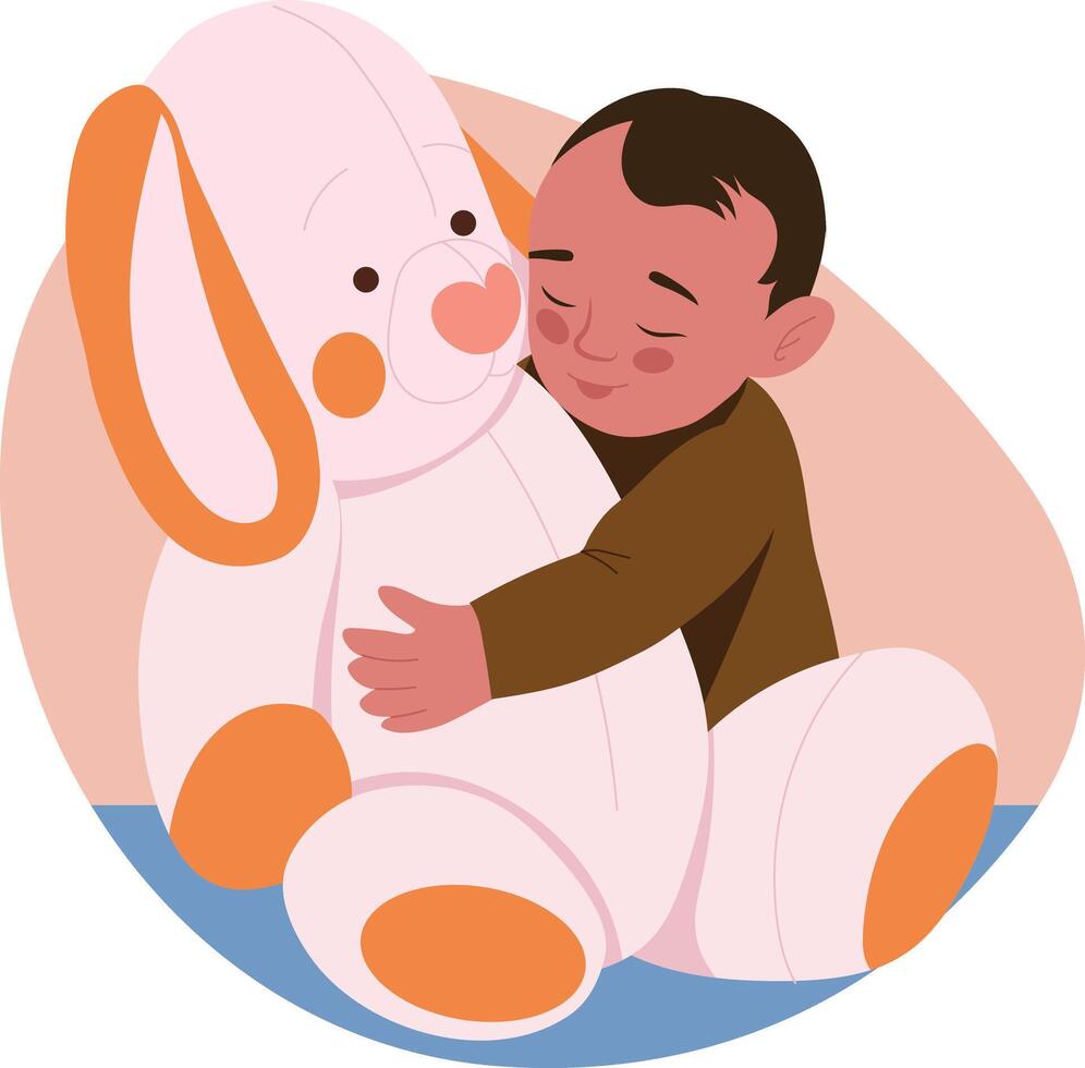 A flat style illustration showing baby doing toy hug vector