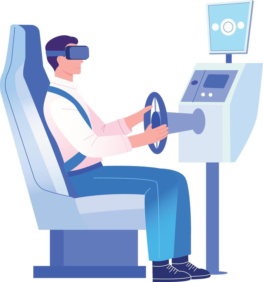 A flat style illustration showing playing car simulation game vector