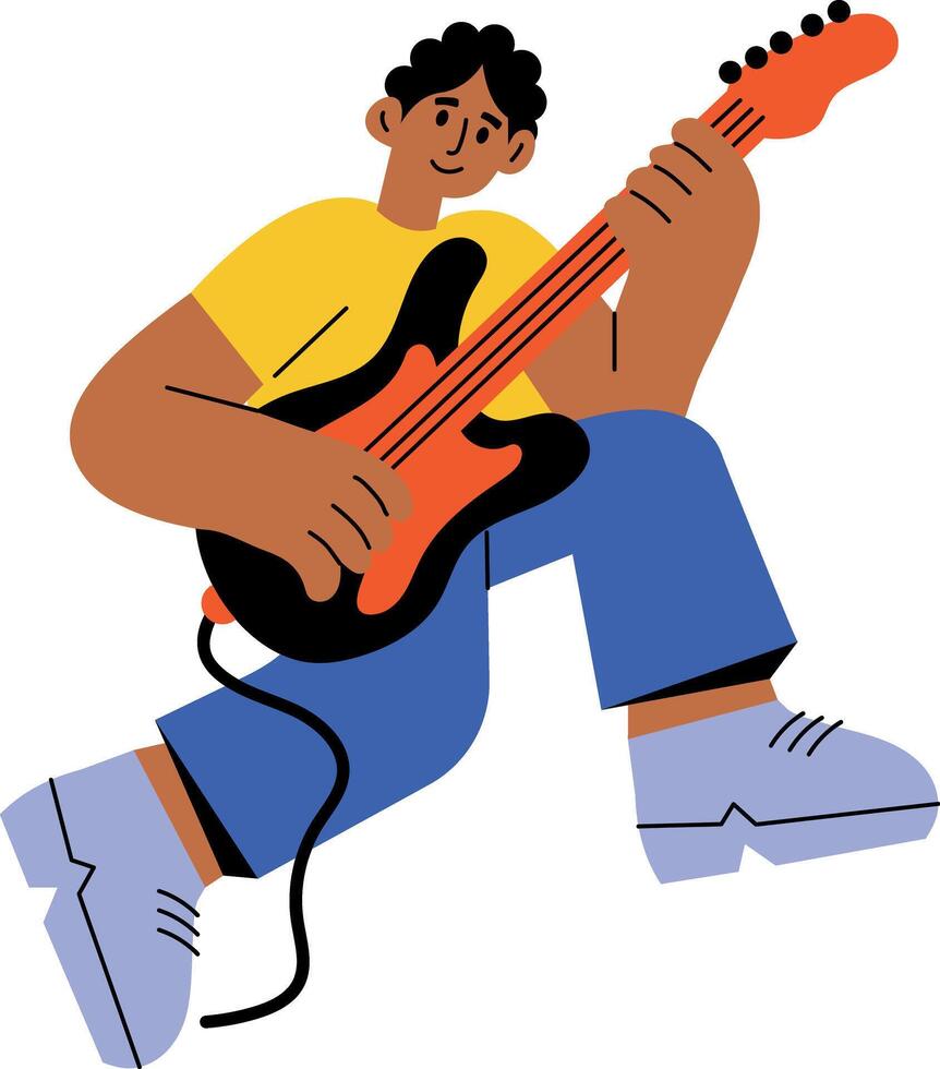 A flat style illustration showing guitarist playing guitar vector