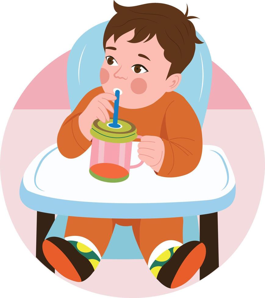 A flat style illustration showing baby drinking juice vector