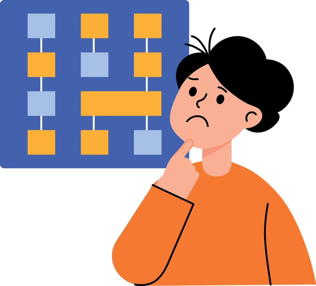 A flat style illustration of a thinking character vector
