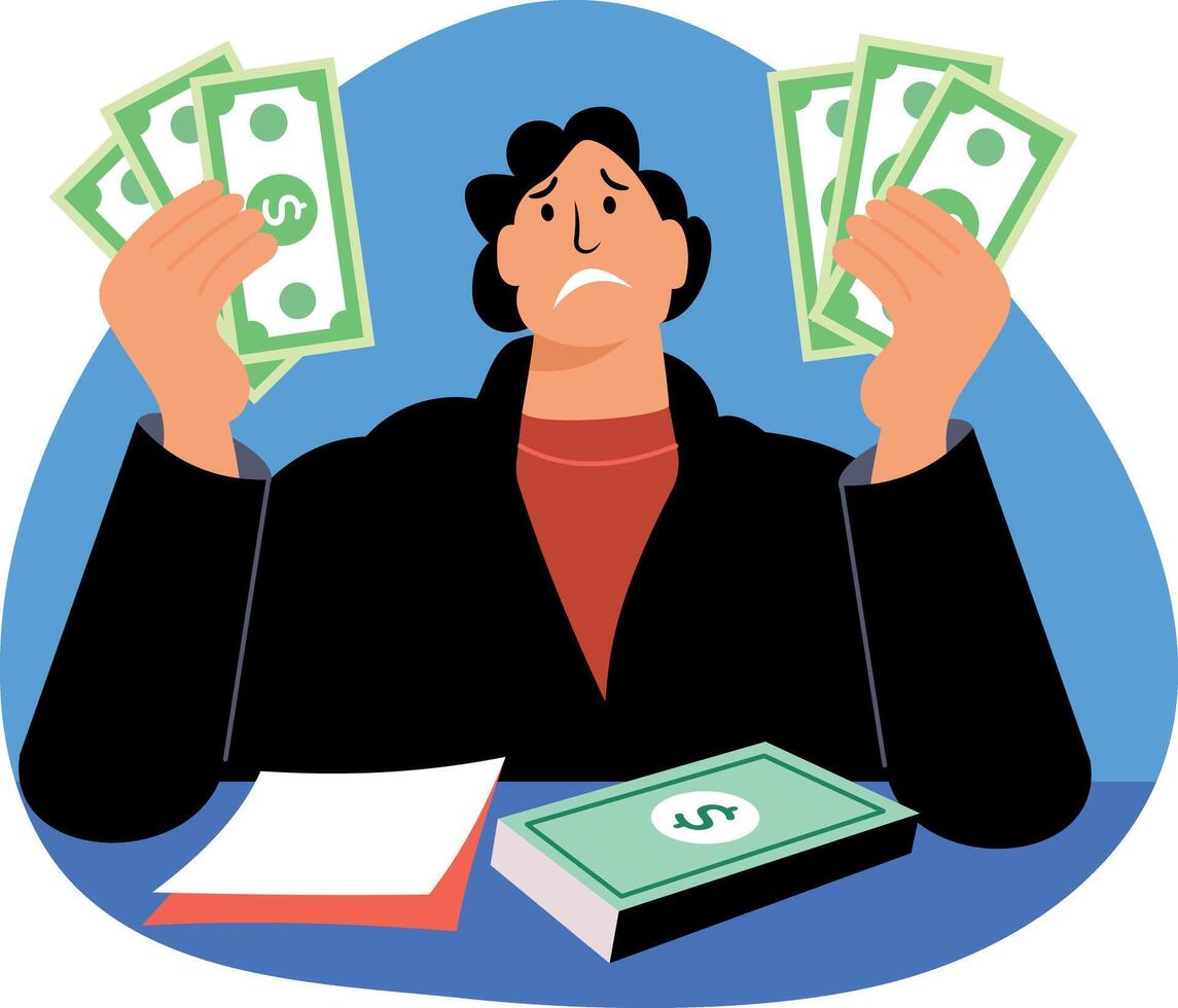 A flat illustration showing a character taking financial stress vector