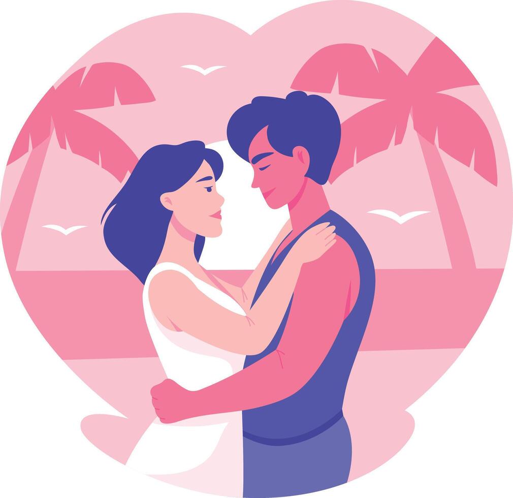 A flat style illustration showing a couple doing beach romance vector