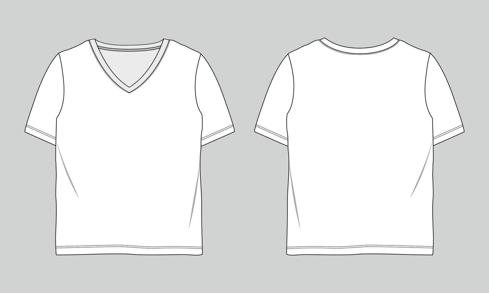 V neck t shirt tops blouse technical drawing template front and back vector