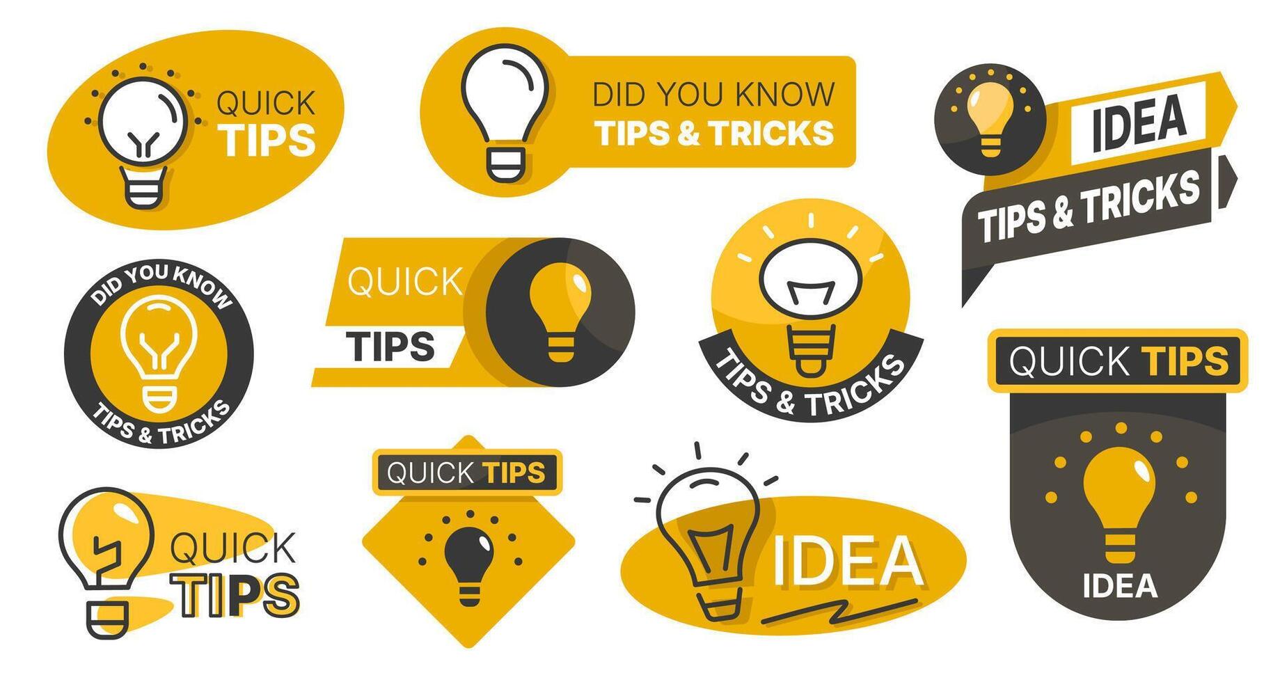 Light bulb badge. Quick tip and did you know badges, creative idea and knowledge labels with light bulbs, interesting trivia questions and fun facts. isolated set vector