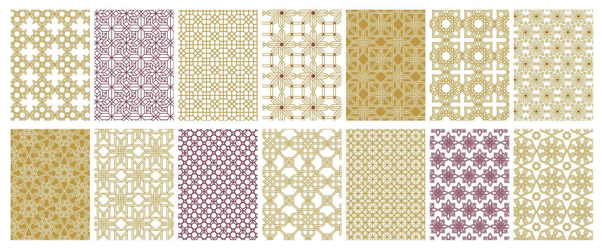 Arabic ornamental pattern set. Geometric Islamic mosaic texture, traditional Persian ornament tile design, abstract Muslim decorative art. print collection vector