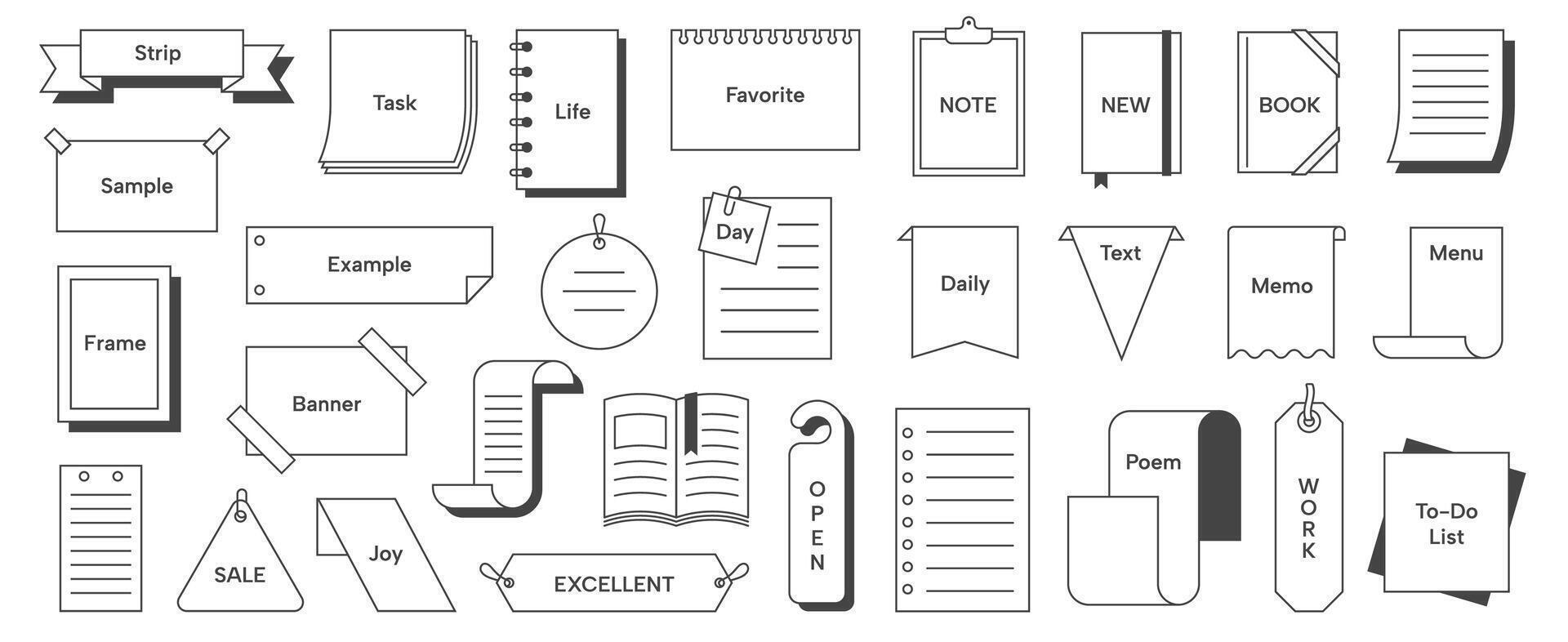 Simple note frame. Book memo sticky note, minimalist Japanese decorative notes paper labels with text. memo frames set vector