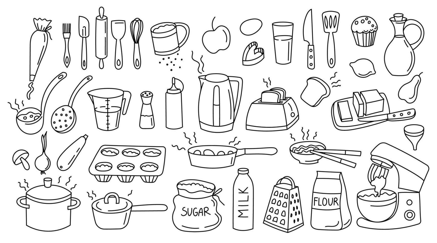 Doodle cooking icons. Kitchen line utensils sketch, hand drawn outline pot pan spatula knife fork rolling pin cutting board kitchen tools. cook isolated set vector
