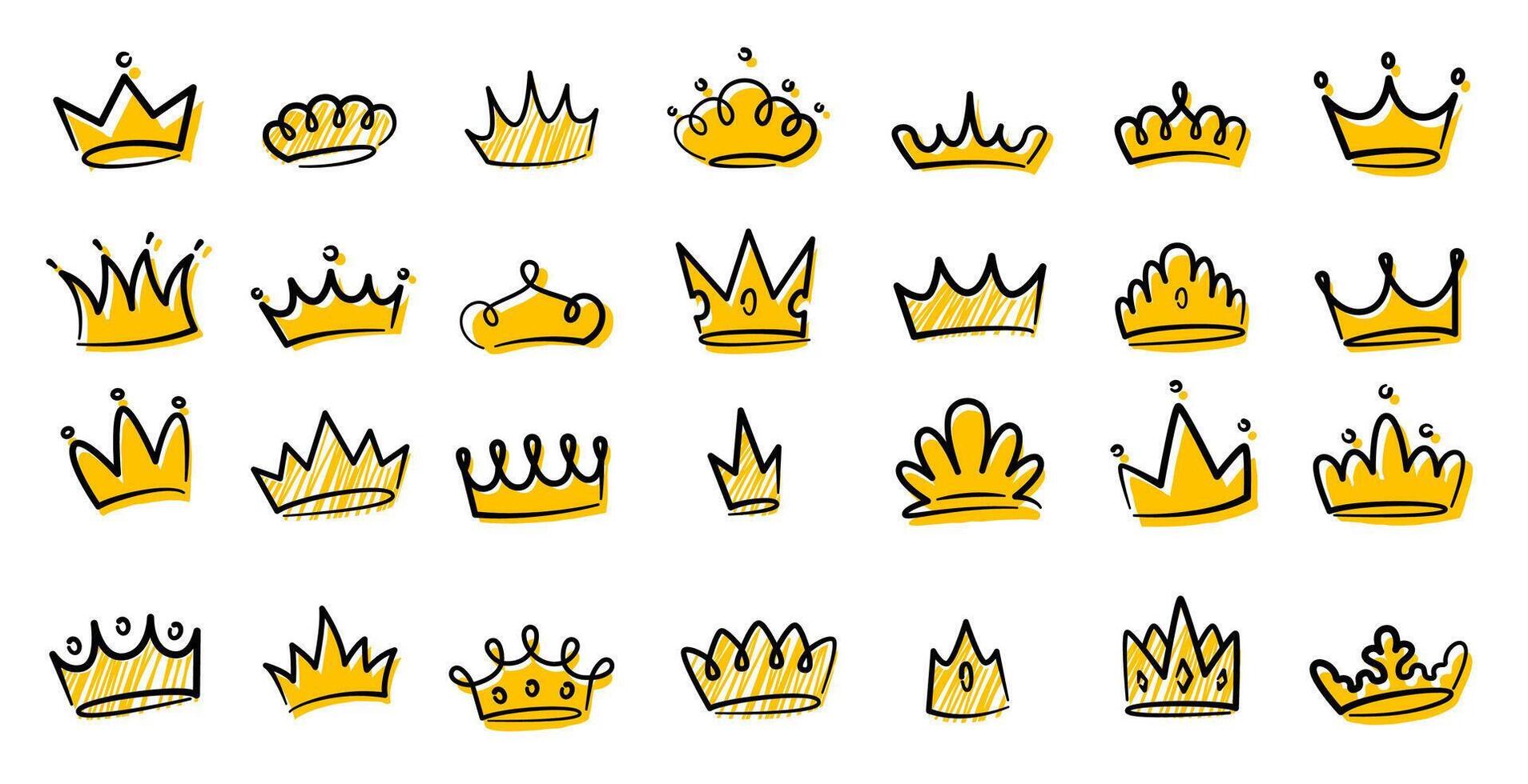 Hand drawn prince crown. Doodle king and queen crowns, royal heraldic decorative logo elements, royal kings queens golden crown vintage sketch icons. princess tiara set vector