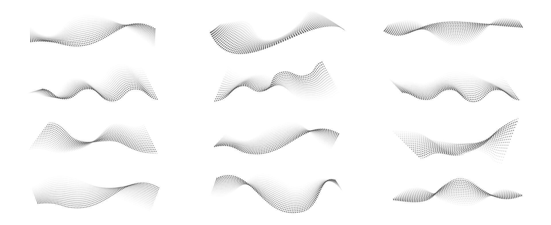 Dot halftone wave. Abstract line pattern, black dotted curve shapes, wavy dots and particles gradient texture, modern retro half tone design. point waves set vector