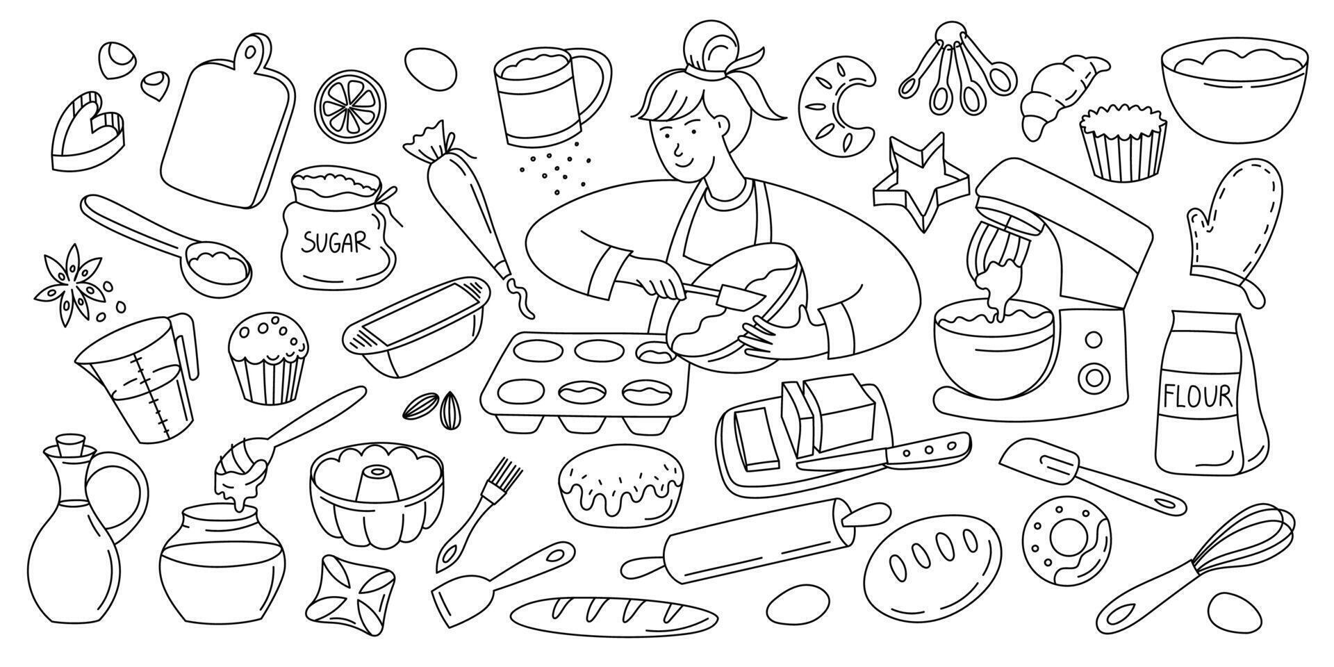 Doodle bake icons. Baking pastry bread and cookies tools and ingredients, flour sugar eggs dough whisk rolling pin, homemade bakery pastry elements. isolated set vector