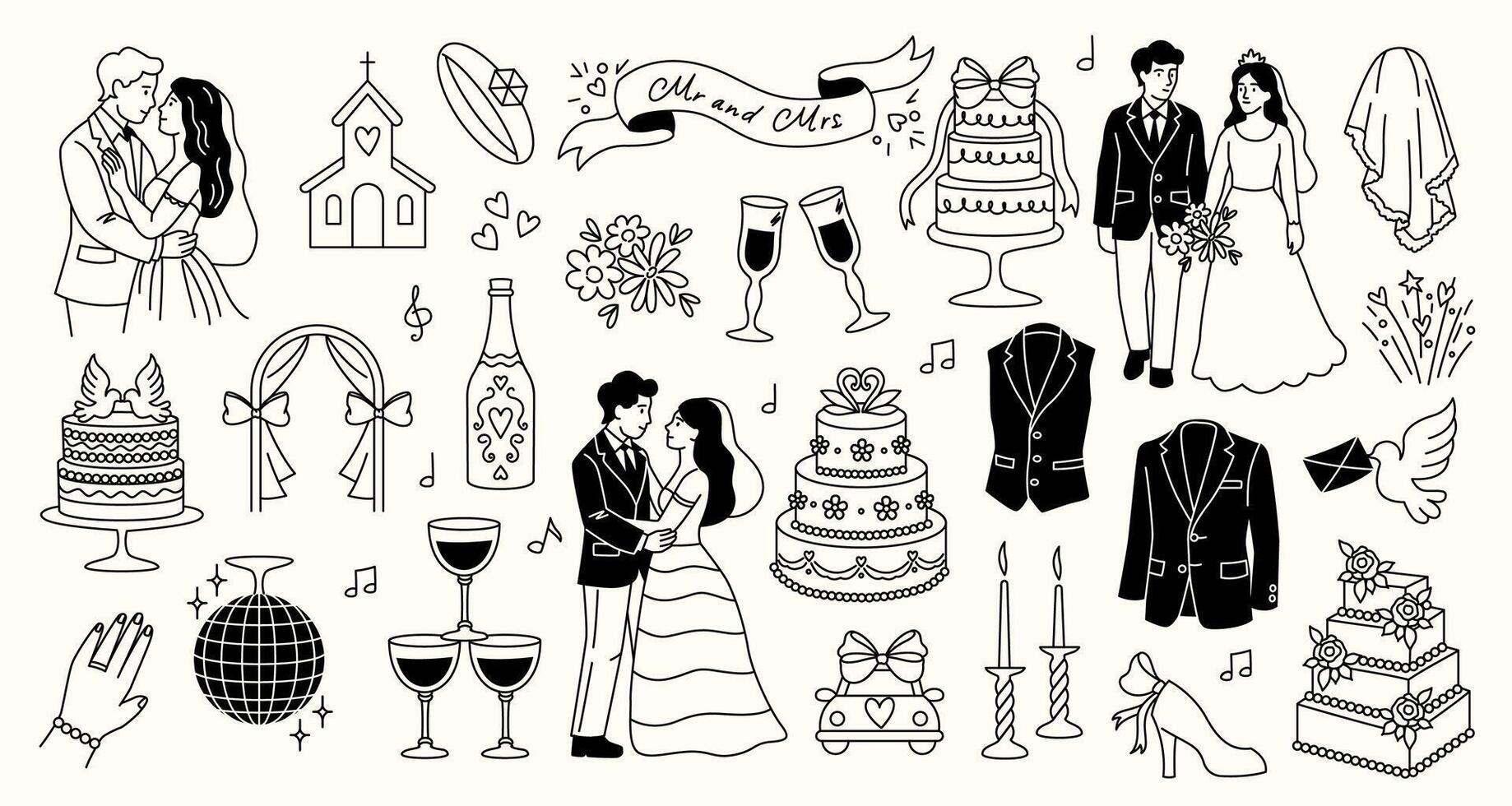 Hand drawn marriage. Wedding celebration romantic elements, cute doodle icons with bride groom rings cake flowers champagne. wedding sketch set vector
