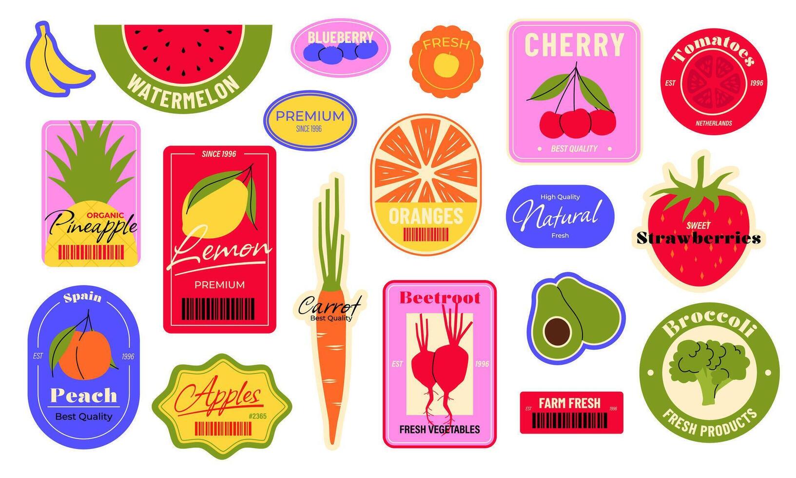 Food fruit label. Cartoon stickers with organic tropical berry apple banana cherry citrus, fresh natural badges with fruits and berries for supermarket. market stickers set vector