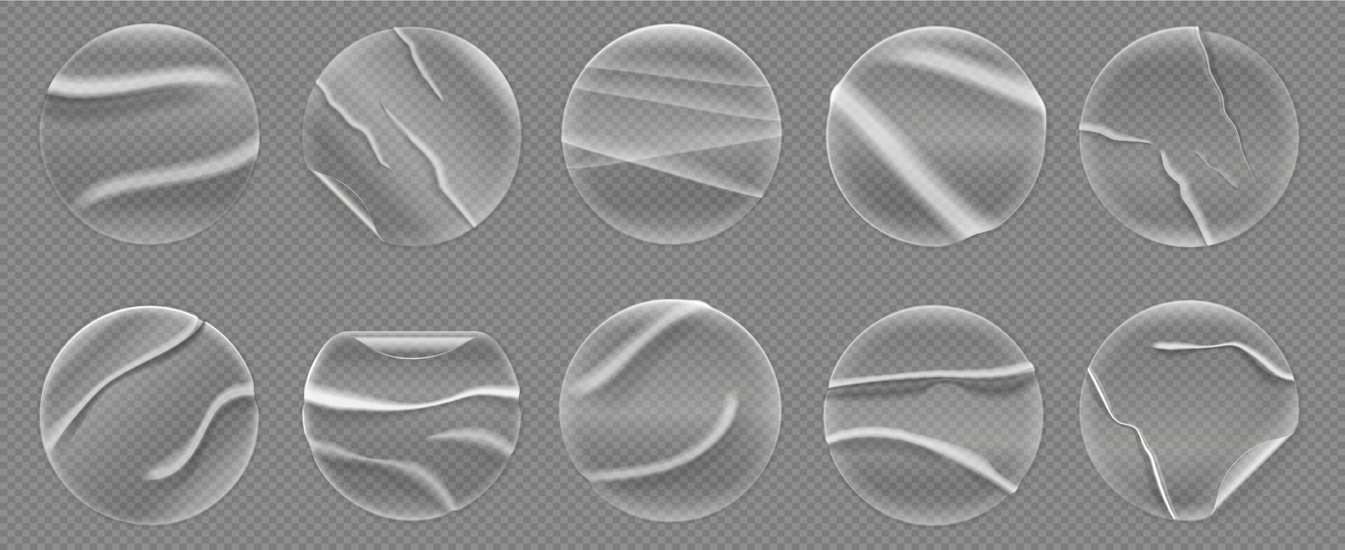 Transparent circle sticker. Round paper label mockup with adhesive glue effect, realistic circular tags for sale price. isolated patch set vector