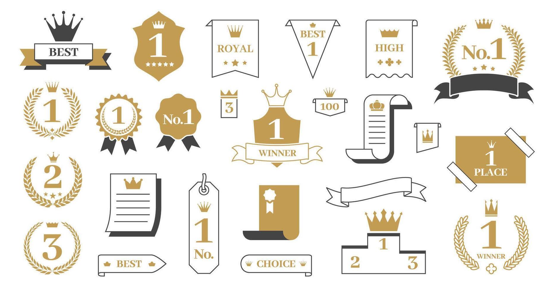 Award crown with ribbon. Winner rank decoration, champion golden laurel wreath emblem, best ranking badge, prize medal title awards banners. winning prizes isolated set vector