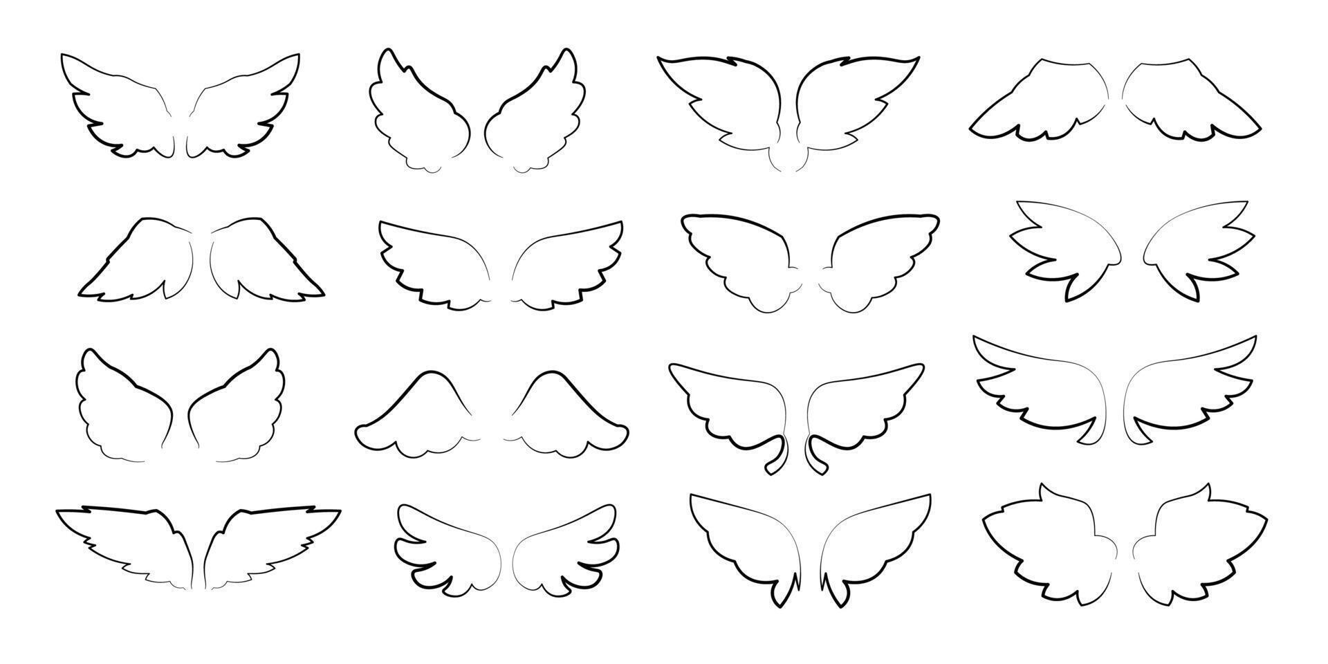Line wings icon. Angel outline wing drawing, black feather winged silhouette, doodle bird decorative elements, flight freedom symbols. wings isolated set vector