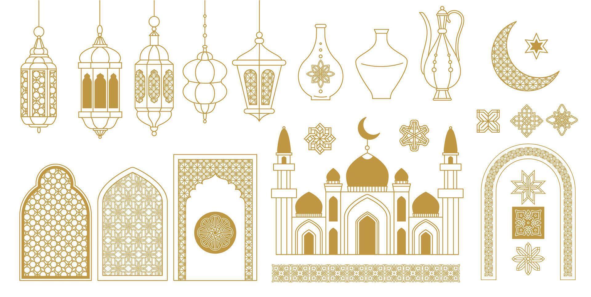 Arabic line element. Ornamental Islamic geometric frames and borders with traditional arabesque motif. Abstract oriental decorative Islam art set vector