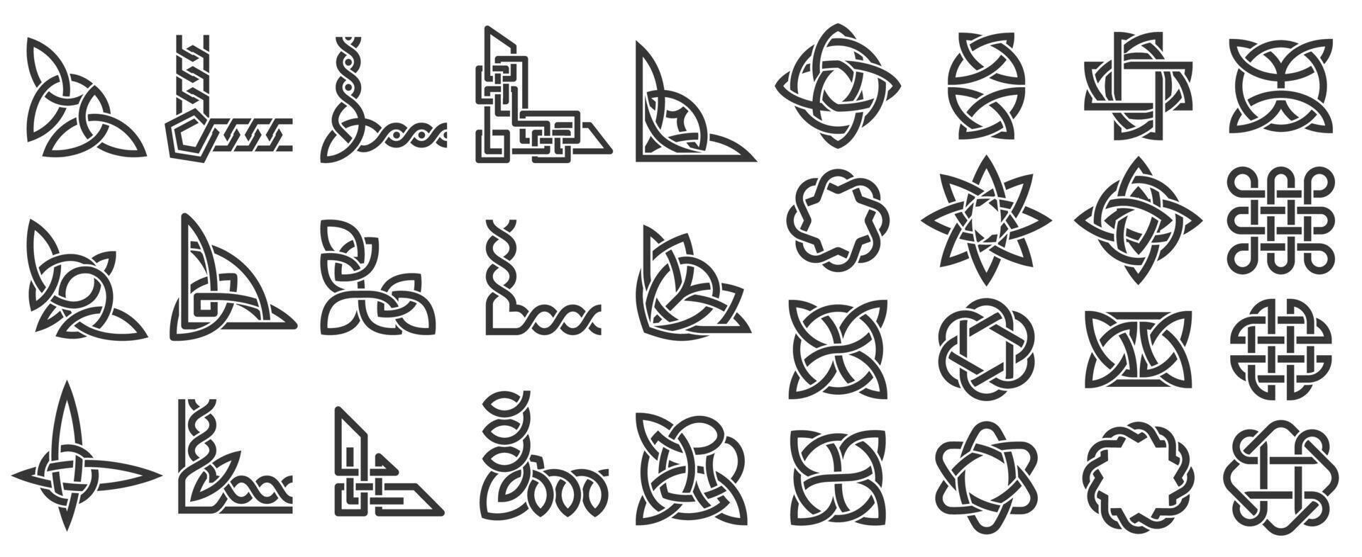 Celtic ornamental corners. Irish border frame of knotted ornate traditional Celtic decoration, knot corner elements, fancy page framing medieval design art. isolated set vector