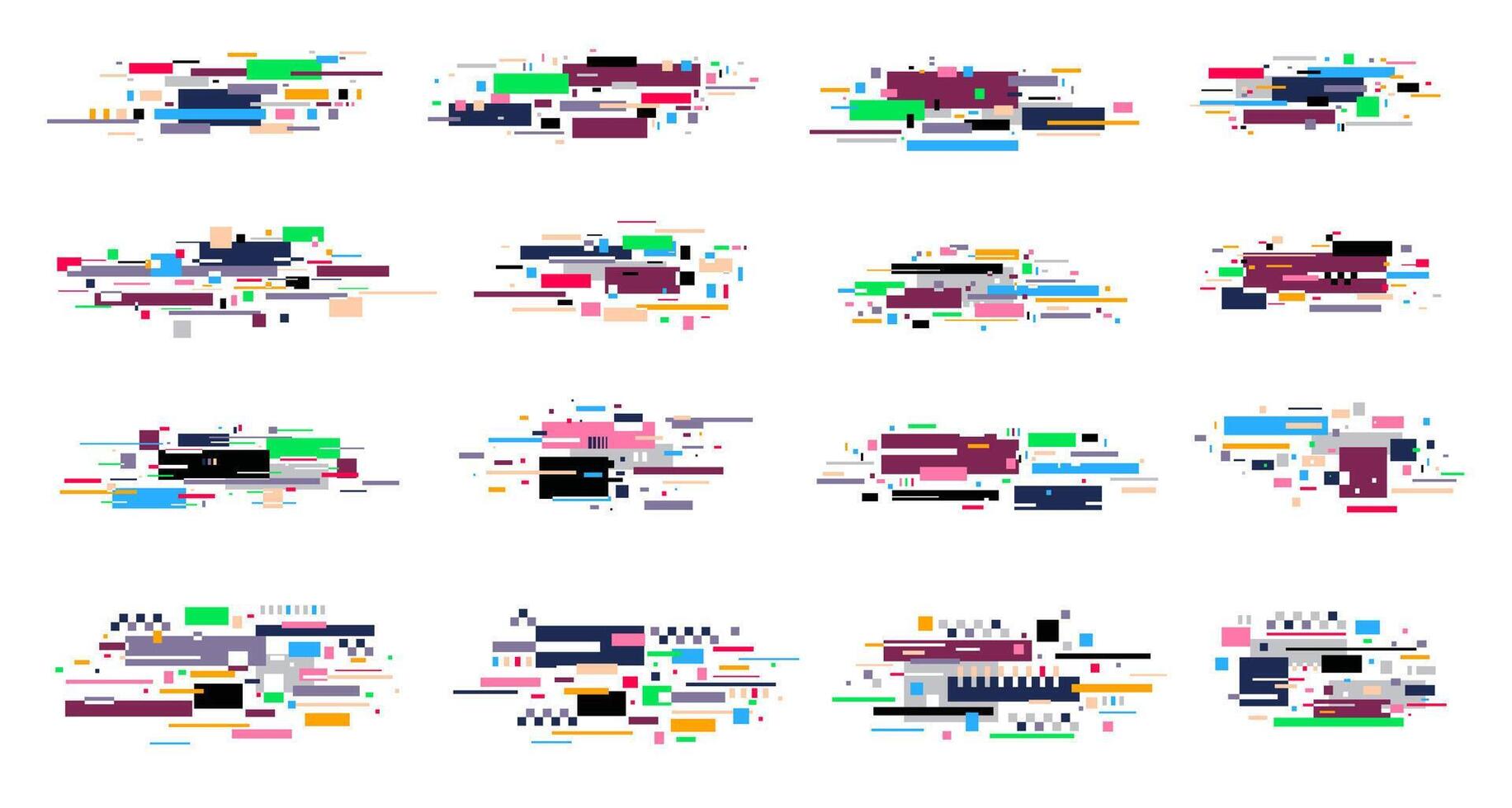 TV glitch effect. Digital pixel noise and error texture, retro 80s VHS screen glitchy distortion with static flicker and line pixelated artifacts. glitches set vector