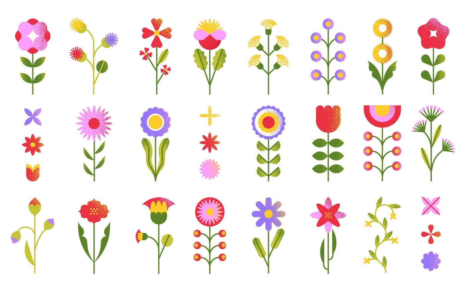Geometric flowers. Abstract floral spring summer bouquet elements, simple Nordic flower geometry shapes, organic leaf plants icons y2k funky style. isolated flowers set vector