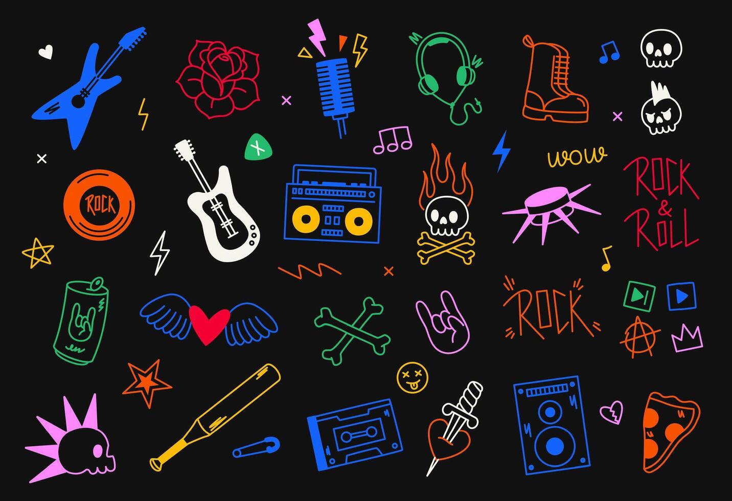 Punk rock icon. Doodle underground music sticker, rock guitar heart microphone skull guitar stickers, musical band logo and emblem design. rock n roll set vector