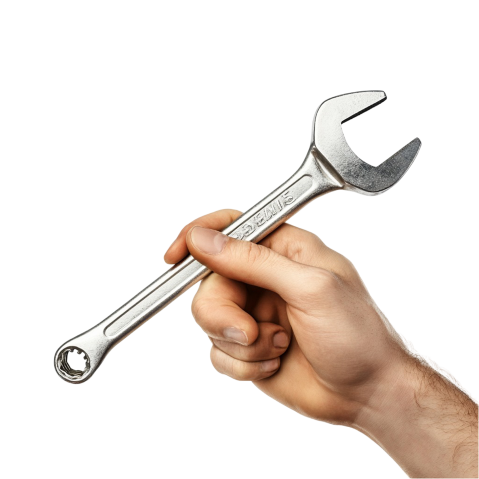 Worker Hand Gripping Metal Wrench Transparent Background png